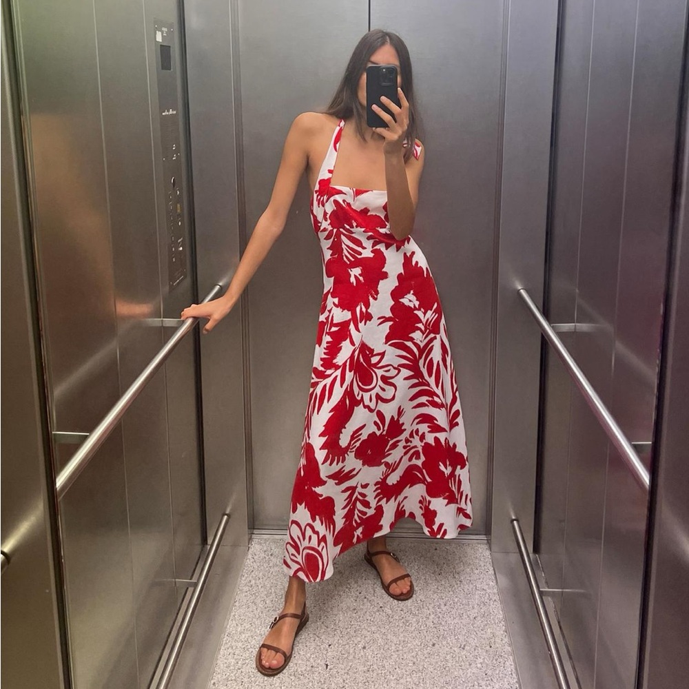Printed linen blend dress from Zara, white and red, size XS